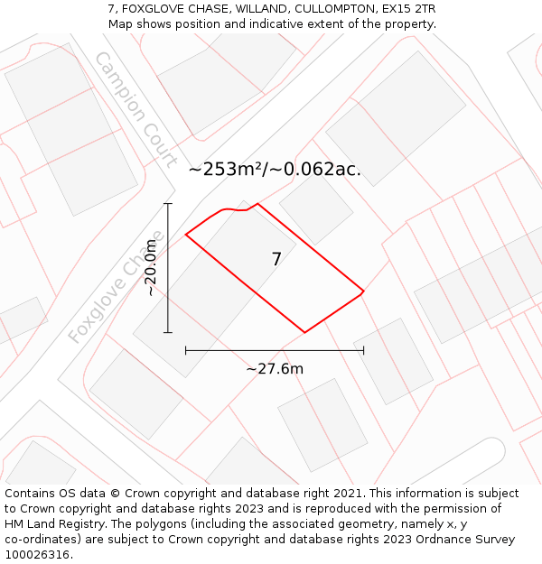 7, FOXGLOVE CHASE, WILLAND, CULLOMPTON, EX15 2TR: Plot and title map