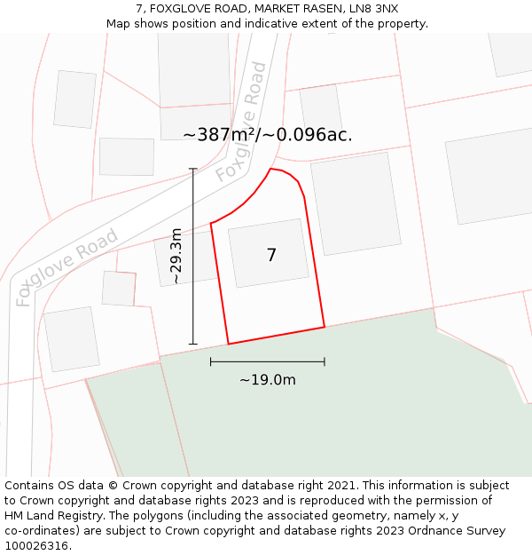 7, FOXGLOVE ROAD, MARKET RASEN, LN8 3NX: Plot and title map