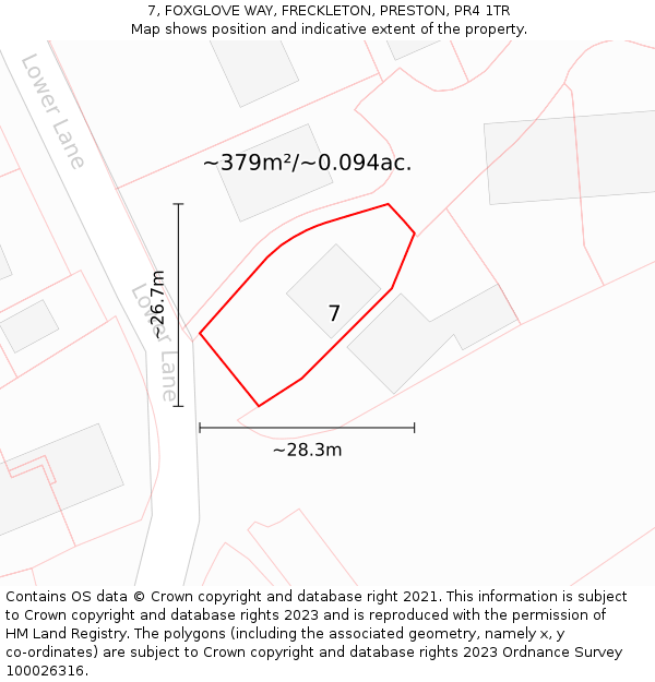 7, FOXGLOVE WAY, FRECKLETON, PRESTON, PR4 1TR: Plot and title map