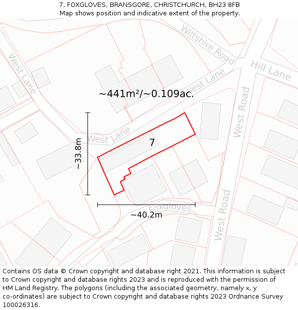7, FOXGLOVES, BRANSGORE, CHRISTCHURCH, BH23 8FB: Plot and title map