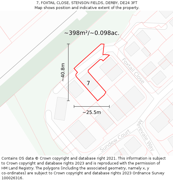7, FOXTAIL CLOSE, STENSON FIELDS, DERBY, DE24 3FT: Plot and title map