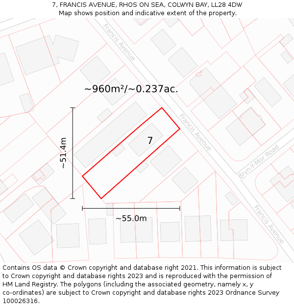 7, FRANCIS AVENUE, RHOS ON SEA, COLWYN BAY, LL28 4DW: Plot and title map