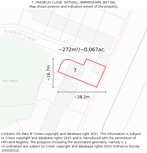 7, FRANKLIN CLOSE, WYTHALL, BIRMINGHAM, B47 6AL: Plot and title map