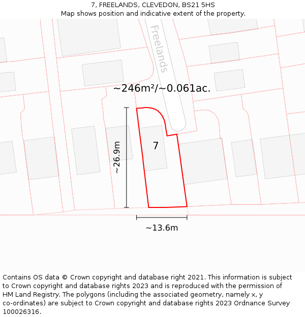 7, FREELANDS, CLEVEDON, BS21 5HS: Plot and title map