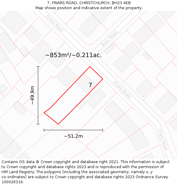 7, FRIARS ROAD, CHRISTCHURCH, BH23 4EB: Plot and title map
