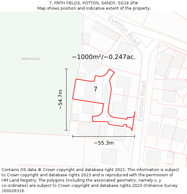 7, FRITH FIELDS, POTTON, SANDY, SG19 2FW: Plot and title map