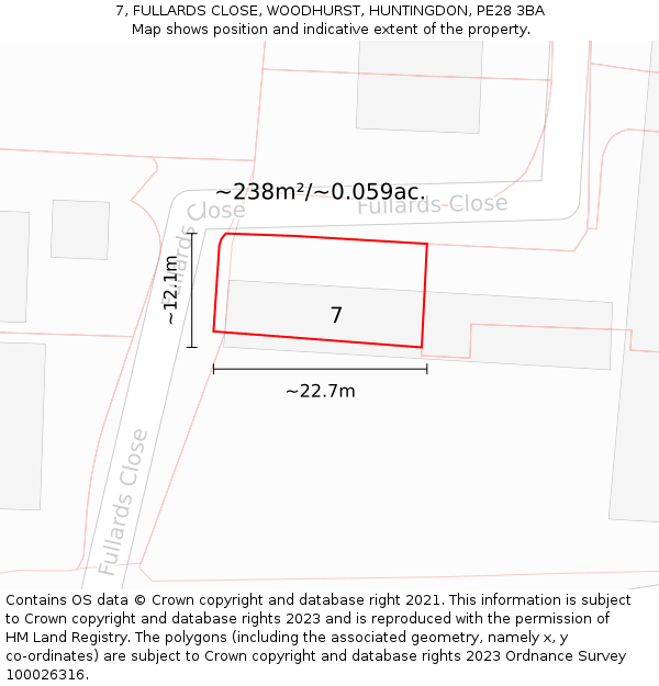 7, FULLARDS CLOSE, WOODHURST, HUNTINGDON, PE28 3BA: Plot and title map