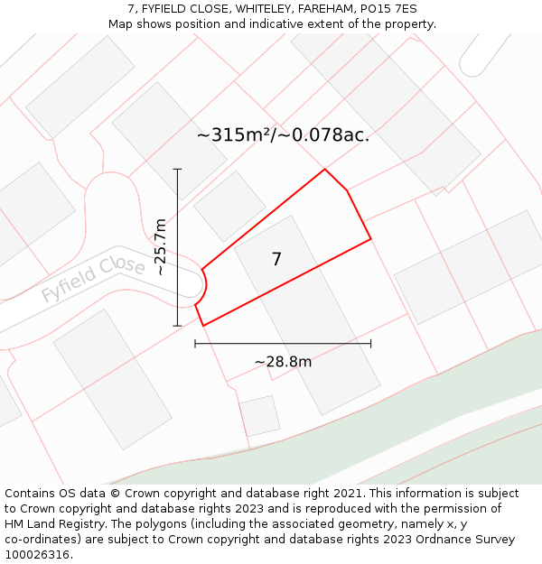 7, FYFIELD CLOSE, WHITELEY, FAREHAM, PO15 7ES: Plot and title map