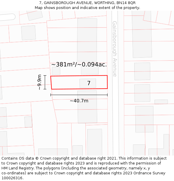 7, GAINSBOROUGH AVENUE, WORTHING, BN14 8QR: Plot and title map