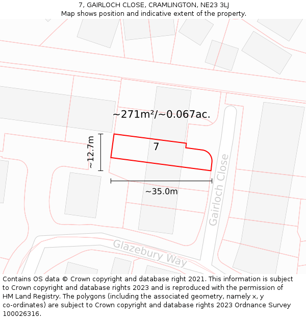 7, GAIRLOCH CLOSE, CRAMLINGTON, NE23 3LJ: Plot and title map