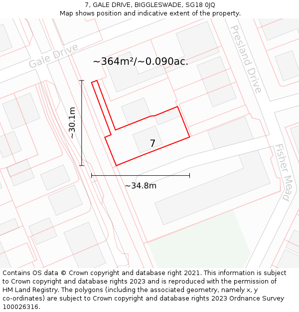 7, GALE DRIVE, BIGGLESWADE, SG18 0JQ: Plot and title map