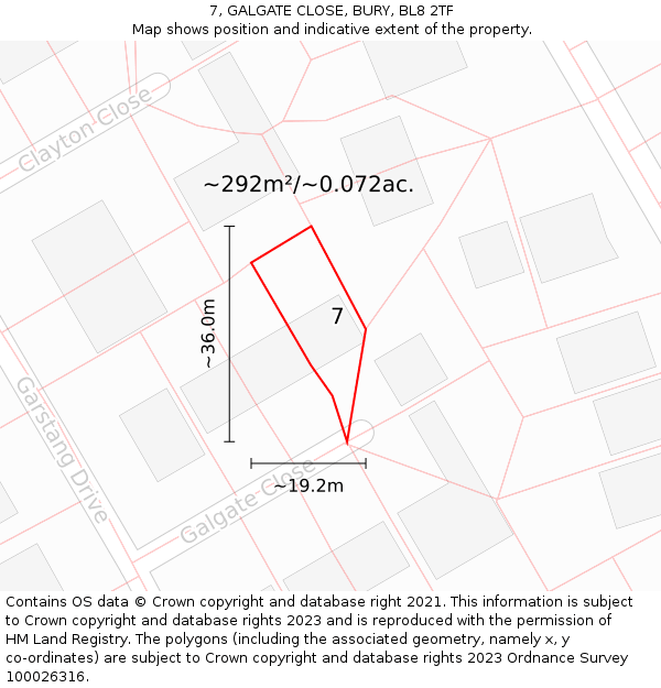 7, GALGATE CLOSE, BURY, BL8 2TF: Plot and title map