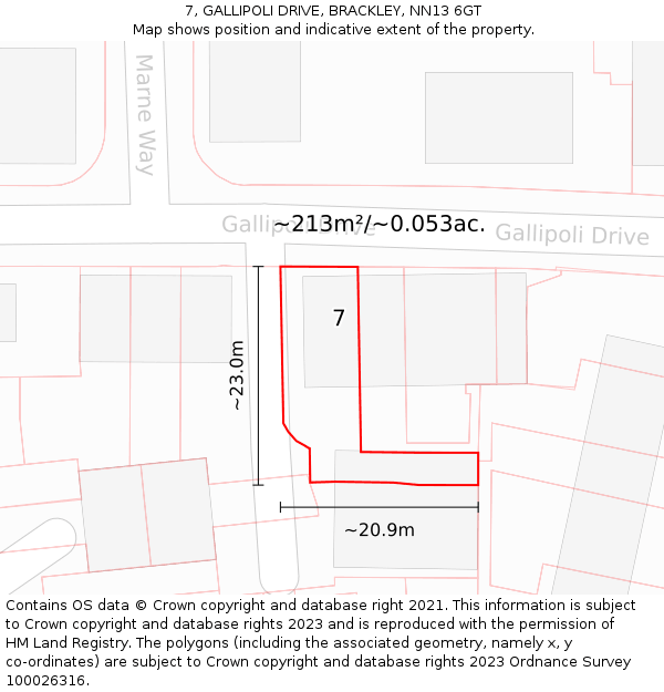 7, GALLIPOLI DRIVE, BRACKLEY, NN13 6GT: Plot and title map