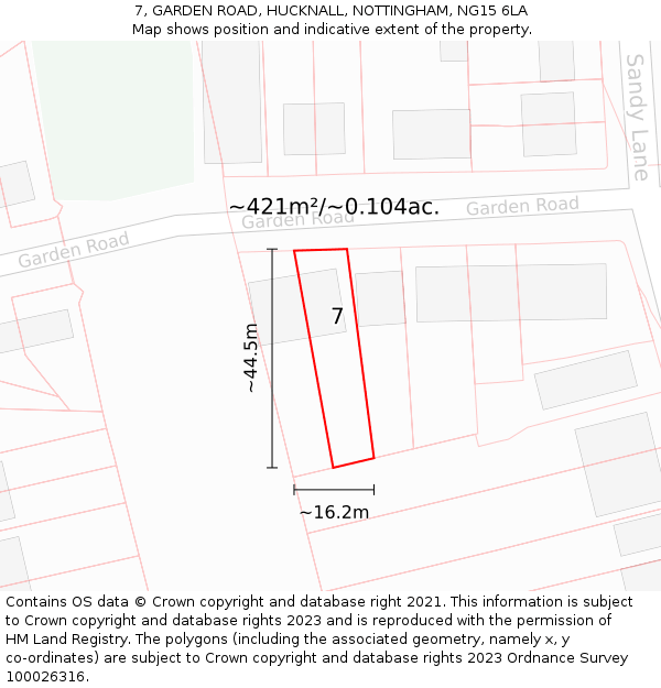 7, GARDEN ROAD, HUCKNALL, NOTTINGHAM, NG15 6LA: Plot and title map