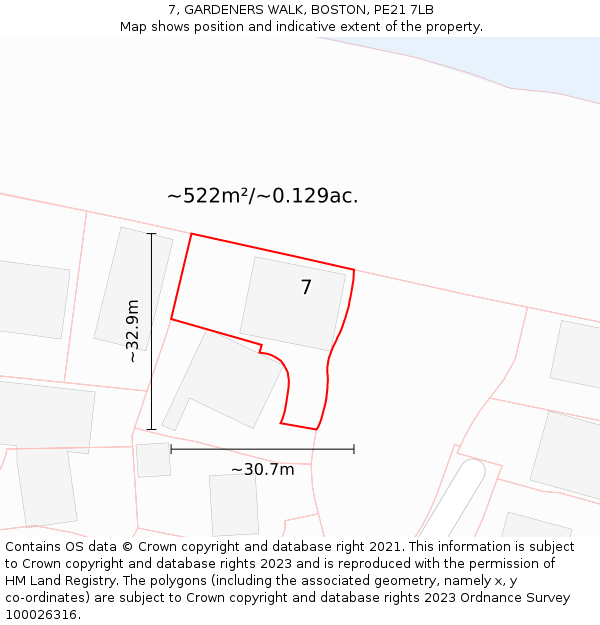 7, GARDENERS WALK, BOSTON, PE21 7LB: Plot and title map