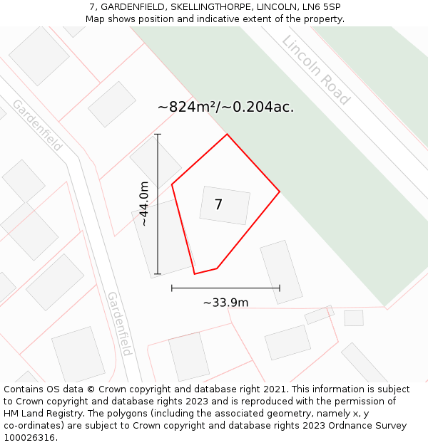 7, GARDENFIELD, SKELLINGTHORPE, LINCOLN, LN6 5SP: Plot and title map