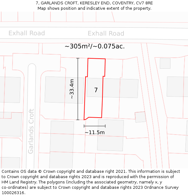 7, GARLANDS CROFT, KERESLEY END, COVENTRY, CV7 8RE: Plot and title map
