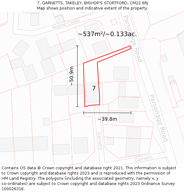 7, GARNETTS, TAKELEY, BISHOP'S STORTFORD, CM22 6RJ: Plot and title map