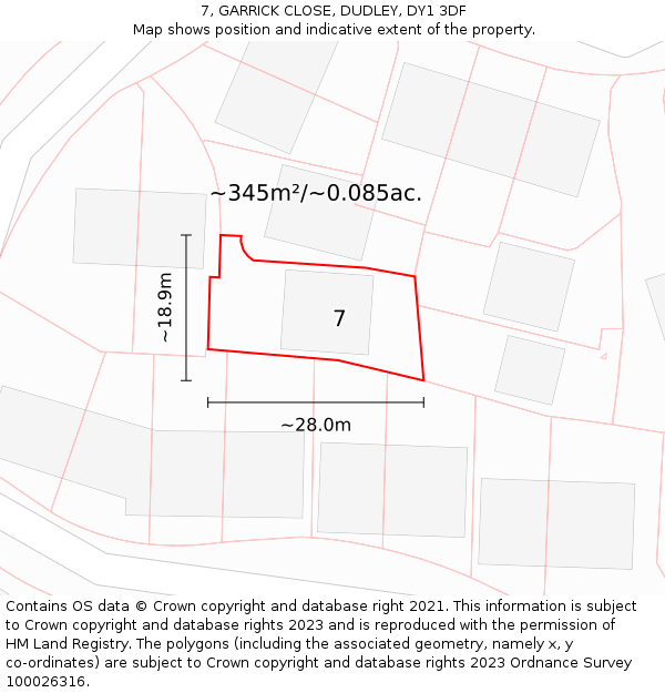 7, GARRICK CLOSE, DUDLEY, DY1 3DF: Plot and title map