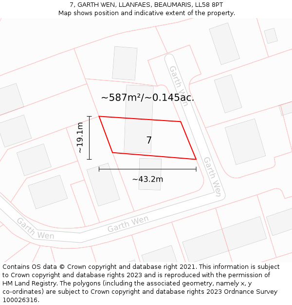 7, GARTH WEN, LLANFAES, BEAUMARIS, LL58 8PT: Plot and title map