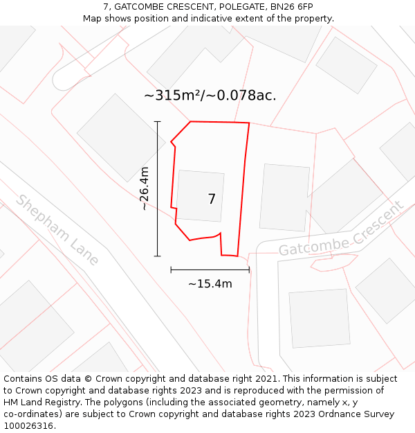 7, GATCOMBE CRESCENT, POLEGATE, BN26 6FP: Plot and title map