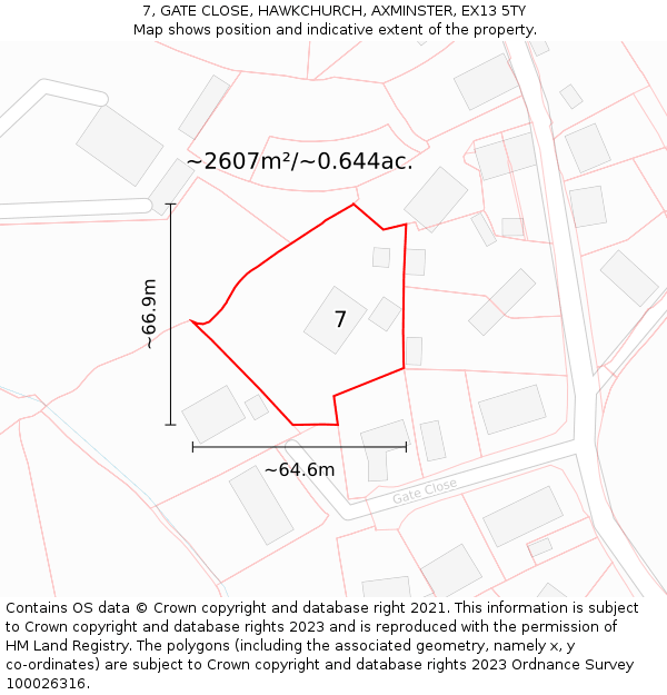 7, GATE CLOSE, HAWKCHURCH, AXMINSTER, EX13 5TY: Plot and title map
