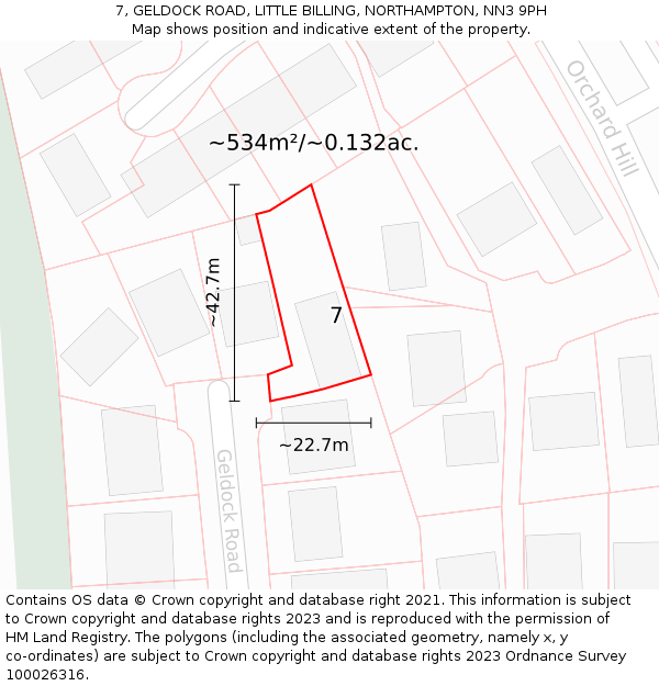 7, GELDOCK ROAD, LITTLE BILLING, NORTHAMPTON, NN3 9PH: Plot and title map
