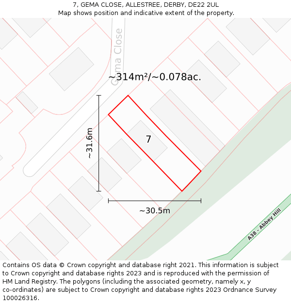 7, GEMA CLOSE, ALLESTREE, DERBY, DE22 2UL: Plot and title map