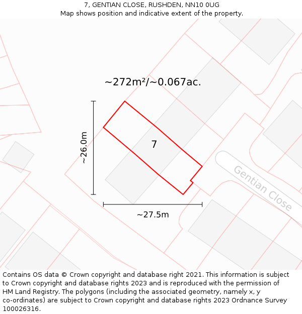 7, GENTIAN CLOSE, RUSHDEN, NN10 0UG: Plot and title map