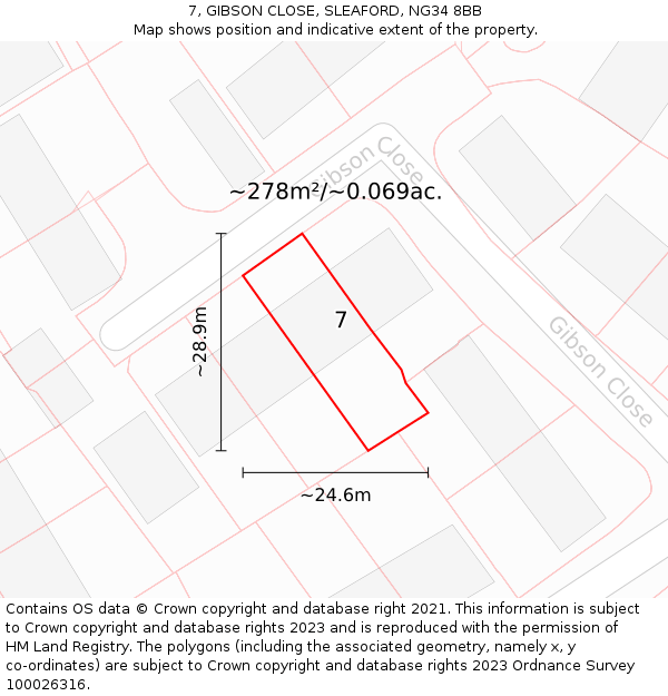 7, GIBSON CLOSE, SLEAFORD, NG34 8BB: Plot and title map