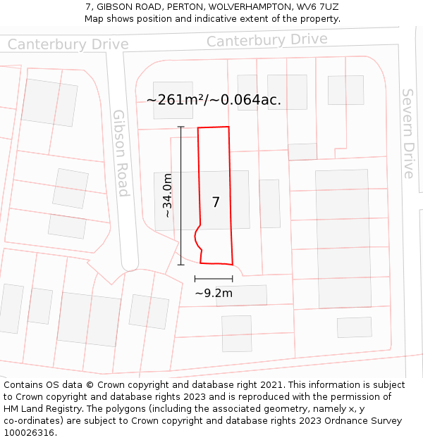 7, GIBSON ROAD, PERTON, WOLVERHAMPTON, WV6 7UZ: Plot and title map