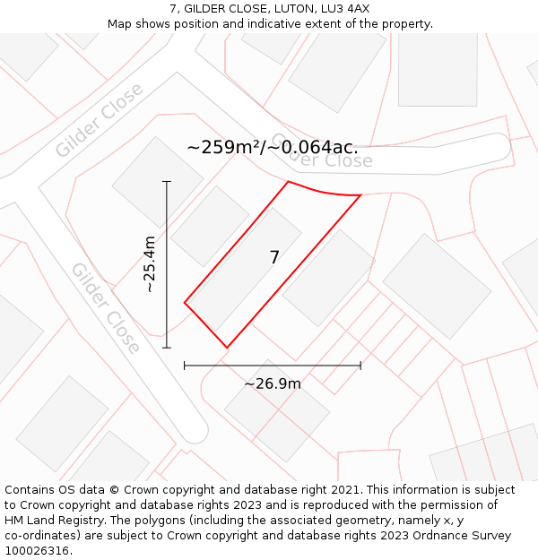 7, GILDER CLOSE, LUTON, LU3 4AX: Plot and title map