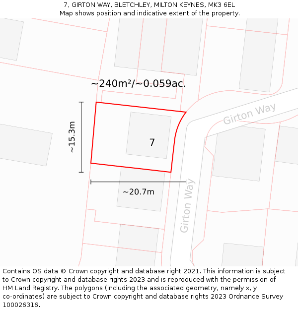 7, GIRTON WAY, BLETCHLEY, MILTON KEYNES, MK3 6EL: Plot and title map