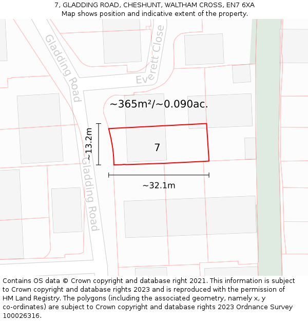 7, GLADDING ROAD, CHESHUNT, WALTHAM CROSS, EN7 6XA: Plot and title map