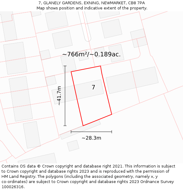7, GLANELY GARDENS, EXNING, NEWMARKET, CB8 7PA: Plot and title map