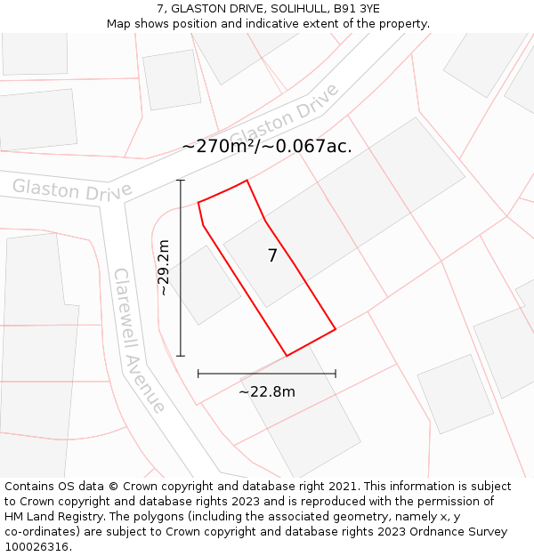 7, GLASTON DRIVE, SOLIHULL, B91 3YE: Plot and title map