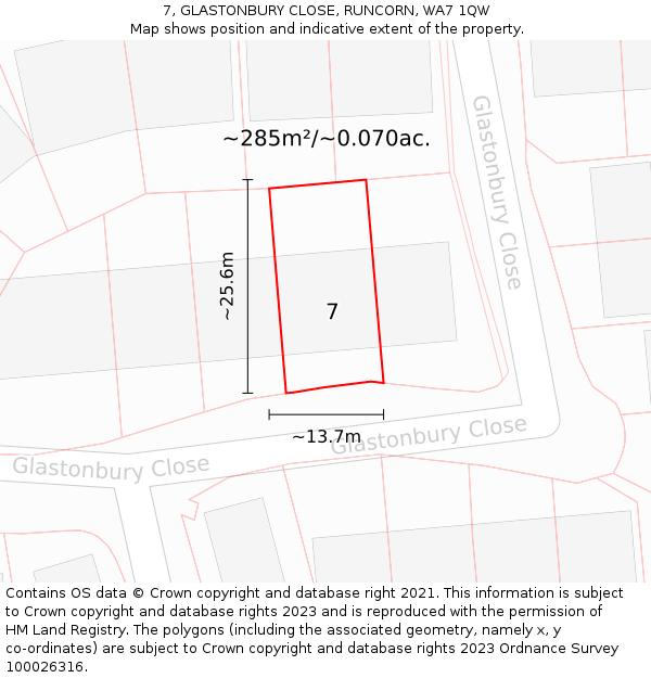 7, GLASTONBURY CLOSE, RUNCORN, WA7 1QW: Plot and title map