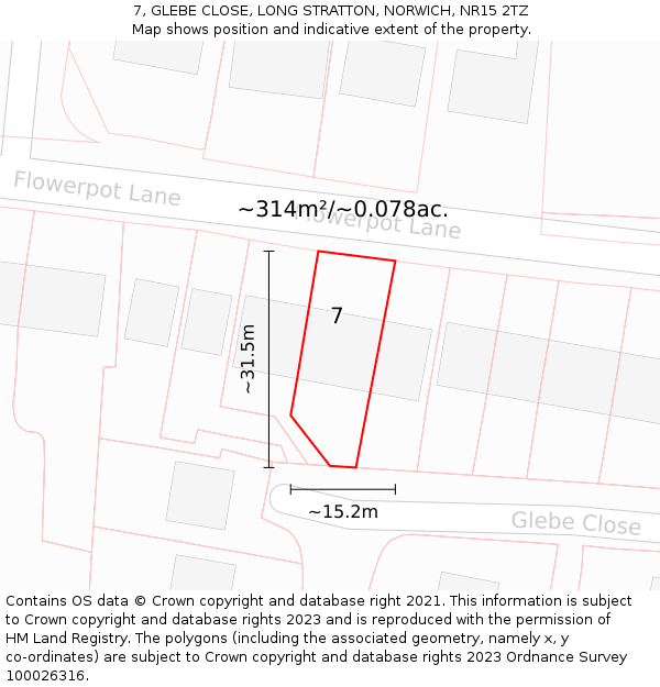 7, GLEBE CLOSE, LONG STRATTON, NORWICH, NR15 2TZ: Plot and title map