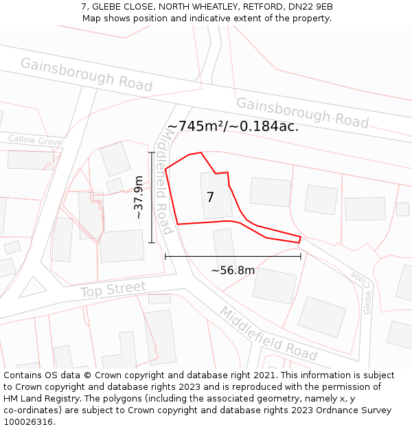 7, GLEBE CLOSE, NORTH WHEATLEY, RETFORD, DN22 9EB: Plot and title map