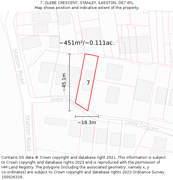 7, GLEBE CRESCENT, STANLEY, ILKESTON, DE7 6FL: Plot and title map