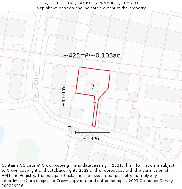 7, GLEBE DRIVE, EXNING, NEWMARKET, CB8 7FQ: Plot and title map