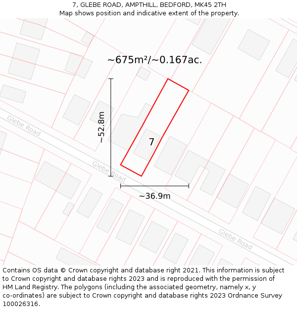7, GLEBE ROAD, AMPTHILL, BEDFORD, MK45 2TH: Plot and title map