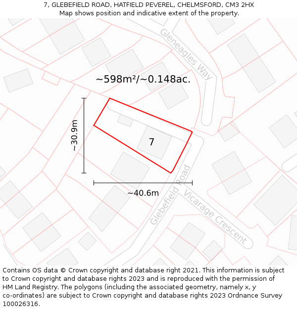 7, GLEBEFIELD ROAD, HATFIELD PEVEREL, CHELMSFORD, CM3 2HX: Plot and title map