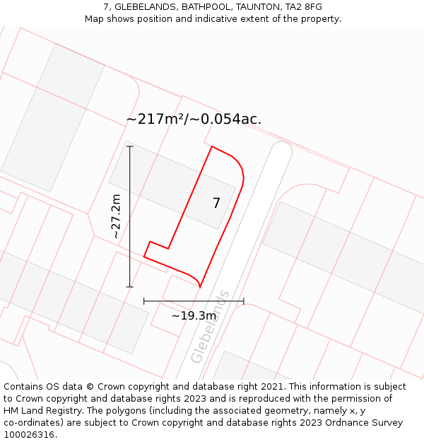 7, GLEBELANDS, BATHPOOL, TAUNTON, TA2 8FG: Plot and title map