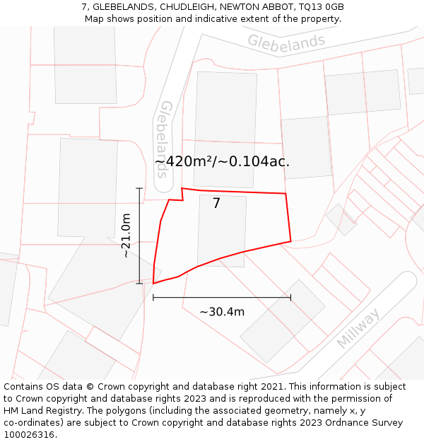 7, GLEBELANDS, CHUDLEIGH, NEWTON ABBOT, TQ13 0GB: Plot and title map