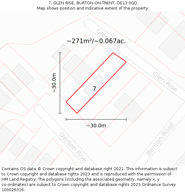 7, GLEN RISE, BURTON-ON-TRENT, DE13 0QD: Plot and title map