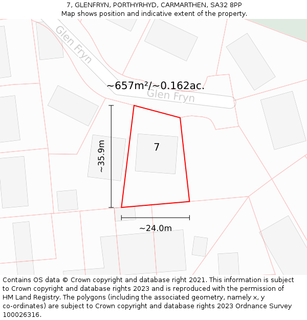 7, GLENFRYN, PORTHYRHYD, CARMARTHEN, SA32 8PP: Plot and title map