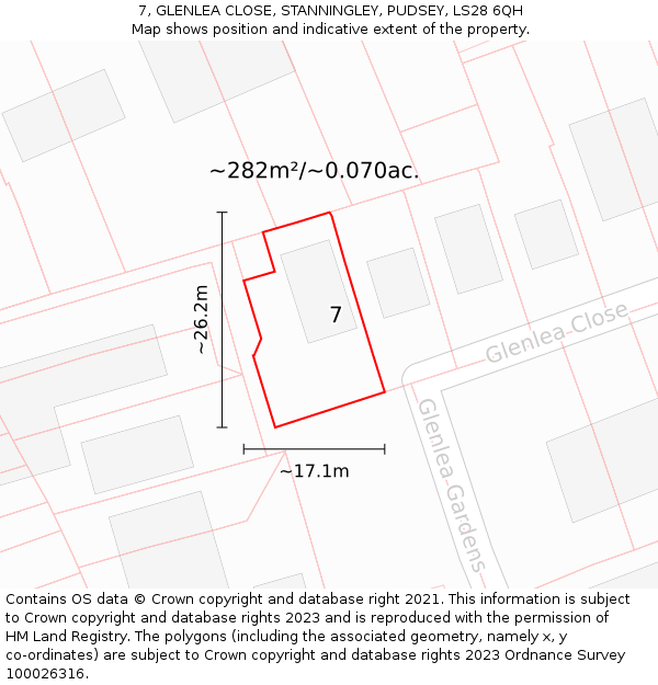 7, GLENLEA CLOSE, STANNINGLEY, PUDSEY, LS28 6QH: Plot and title map