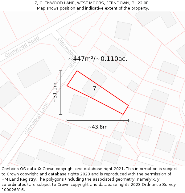 7, GLENWOOD LANE, WEST MOORS, FERNDOWN, BH22 0EL: Plot and title map