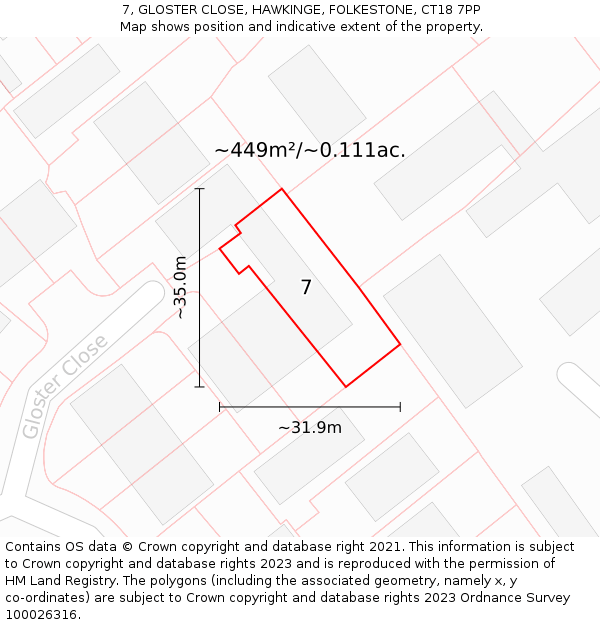 7, GLOSTER CLOSE, HAWKINGE, FOLKESTONE, CT18 7PP: Plot and title map